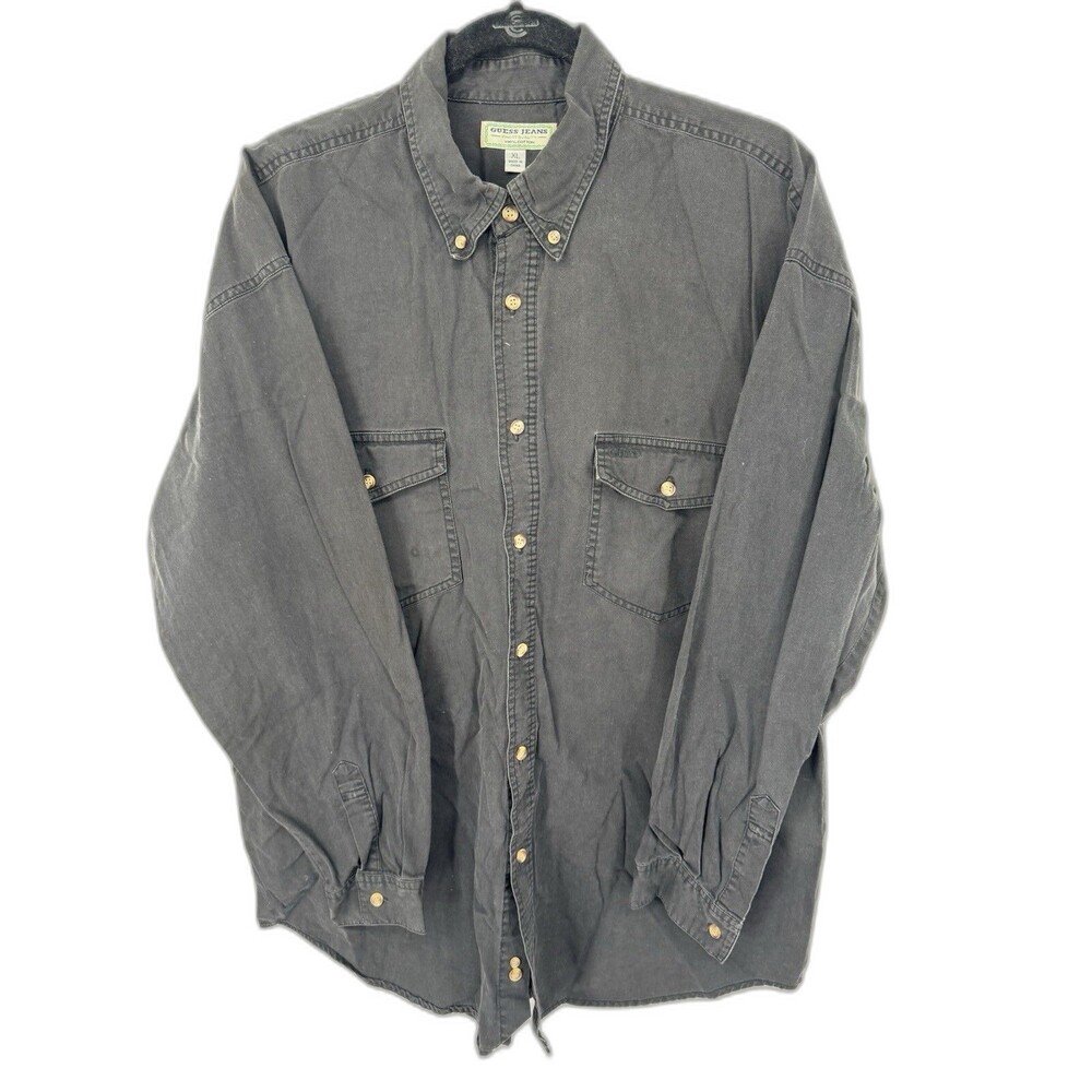 GUESS Jeans XL Black Denim Shirt Oversized Embroidered Button Front 90s Vintage